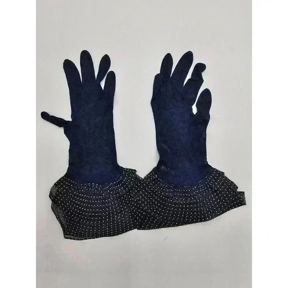 Vtg Van Raalt Women's Navy Blue Polka-dot Ruffle Gloves - Picture 2 of 5